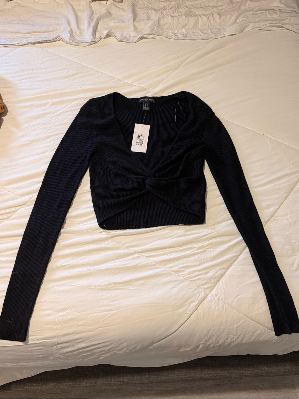 Streetwear Society Black Twist-Front Ribbed Long-Sleeve Crop Top